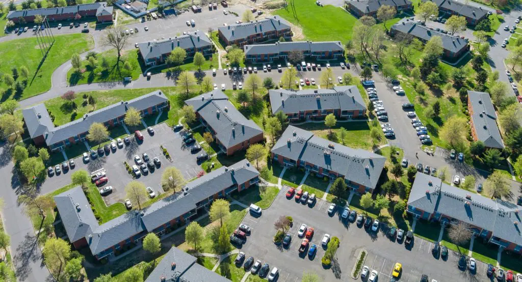 birds-eye view of apartment complexes. multi family roofing services